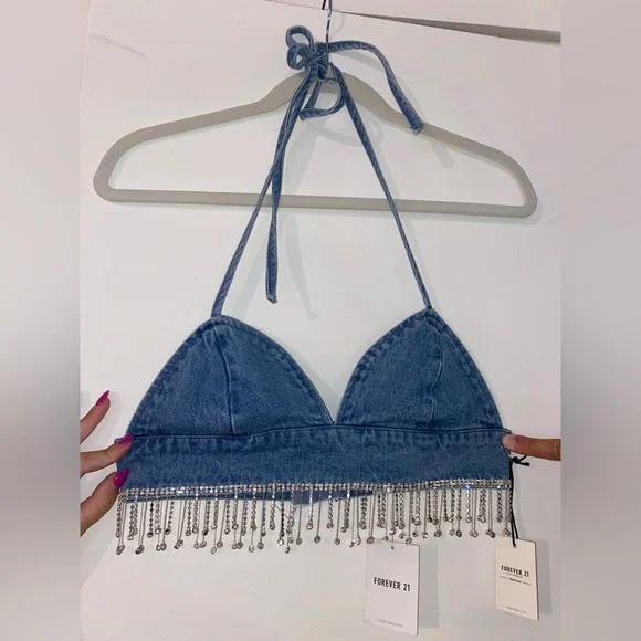 Denim with rhinestone fringe crop top never worn